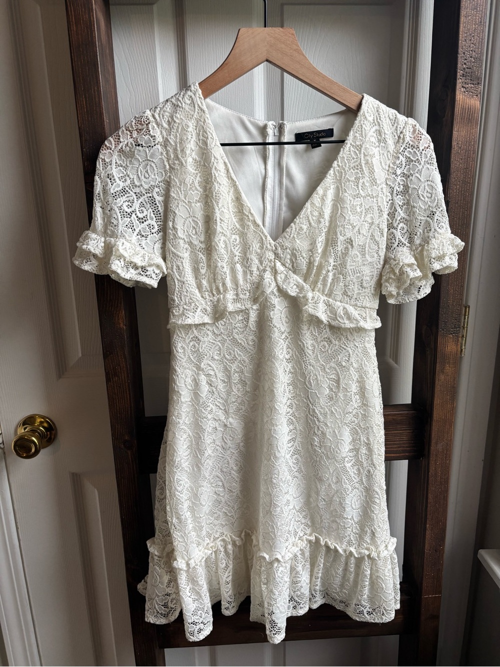 City Studio Ivory Lace V-Neck Ruffle Dress